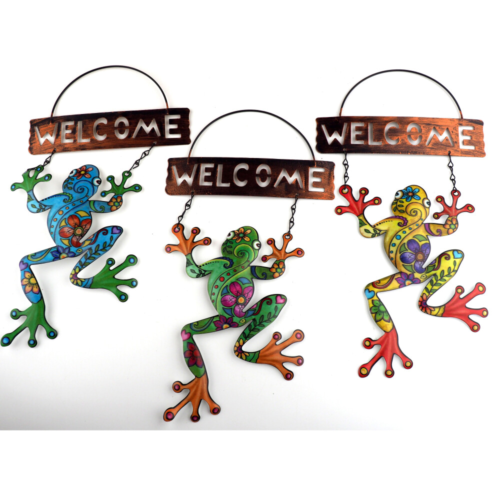 Full Colour Hanging Metal Garden Ornaments - Welcome Frog (Set of 3)