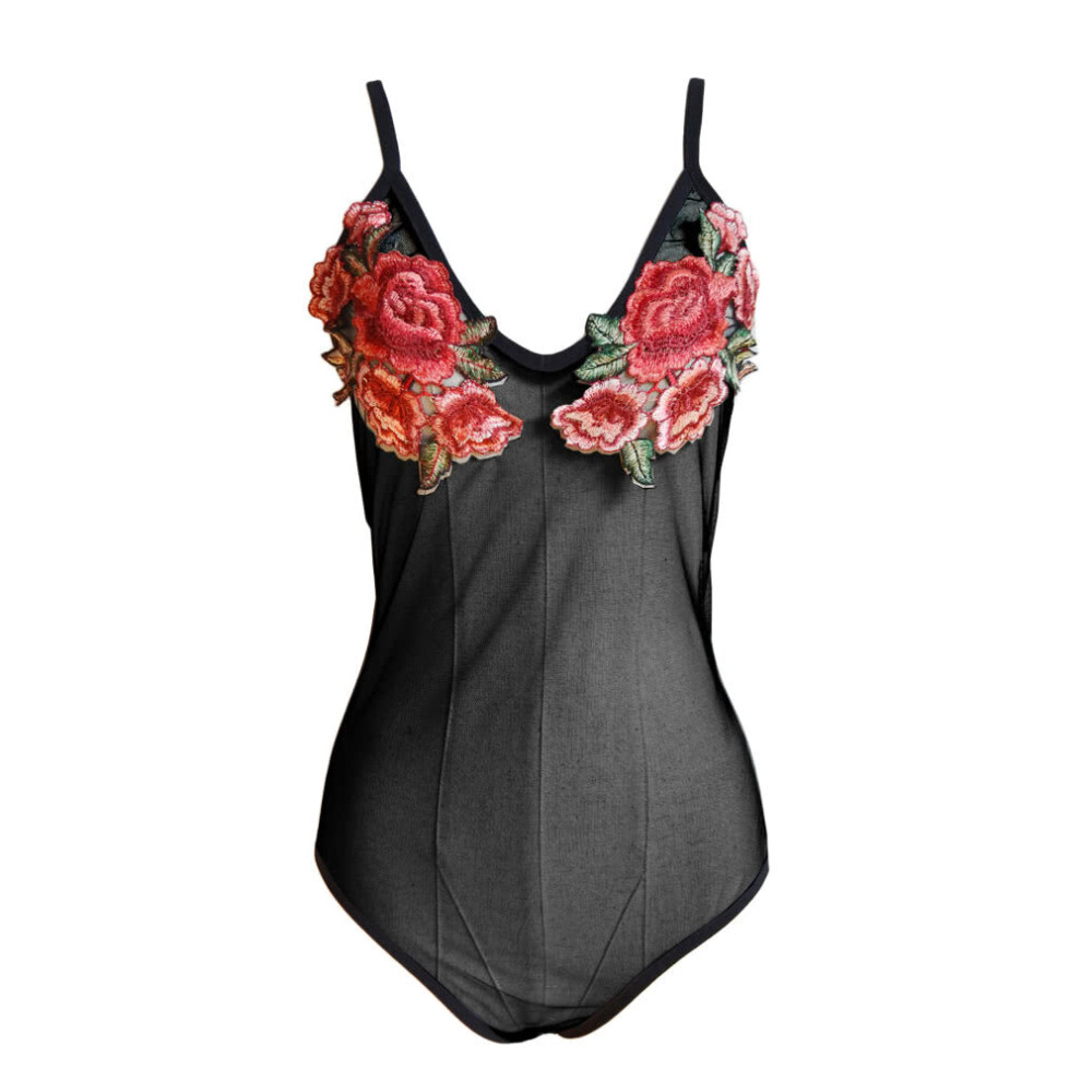 (Black, L) Sexy Women Floral Embroidery Mesh Bodysuit Rompers Deep V Neck