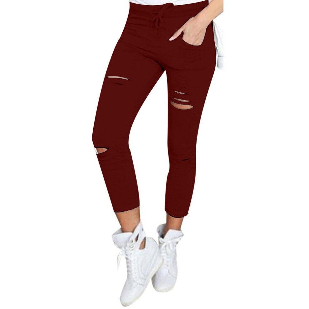 (Wine Red, M) Women Causal Holes High Waist Loose Solid Skinny Jeans