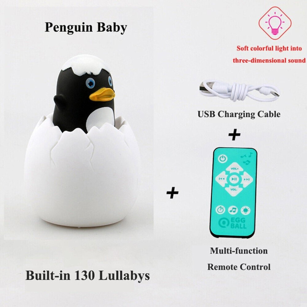 (Penguin) Multi-shape Creative Simulation Dinosaur Egg Night Light Sensor Pats Colorful Music Table Lamp Baby Sleep Aid Kids Glowing Toy