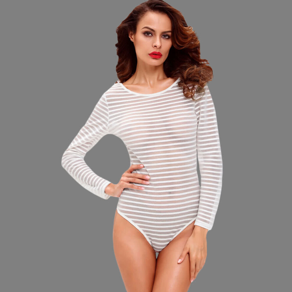 (White, L) Women Sexy Bodysuit Semi-sheer Stripe Round Neck Long Sleeve Tights Rompers