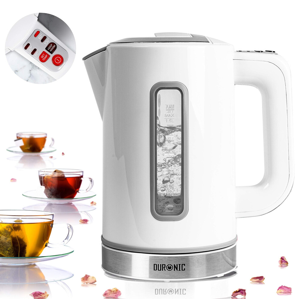 Duronic EK30 /WE Electric Kettle, 1.5L Capacity, Fast Boil, 3000W, Variable Temperature Control, Keep Warm Function, Eco/Energy Efficient (white)