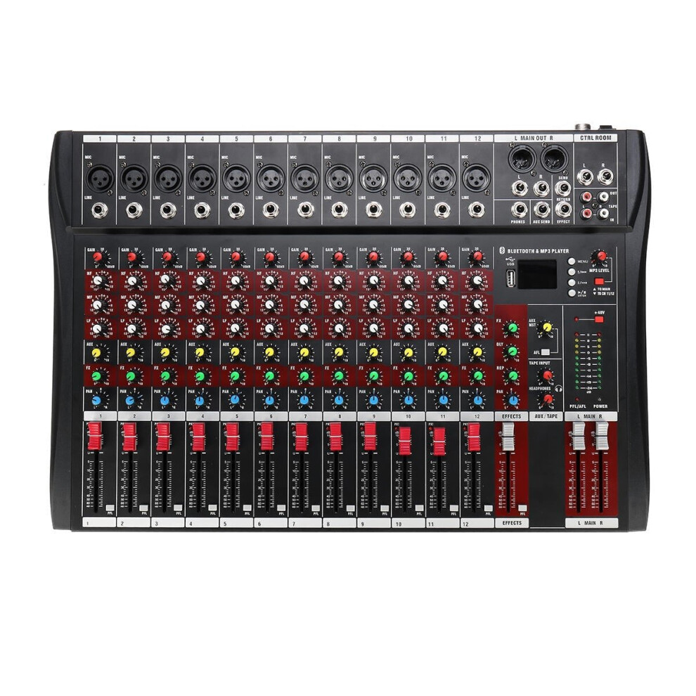 12 Channel bluetooth Live Studio Audio Mixer Mixing Console with USB XLR Input 48V Phantom