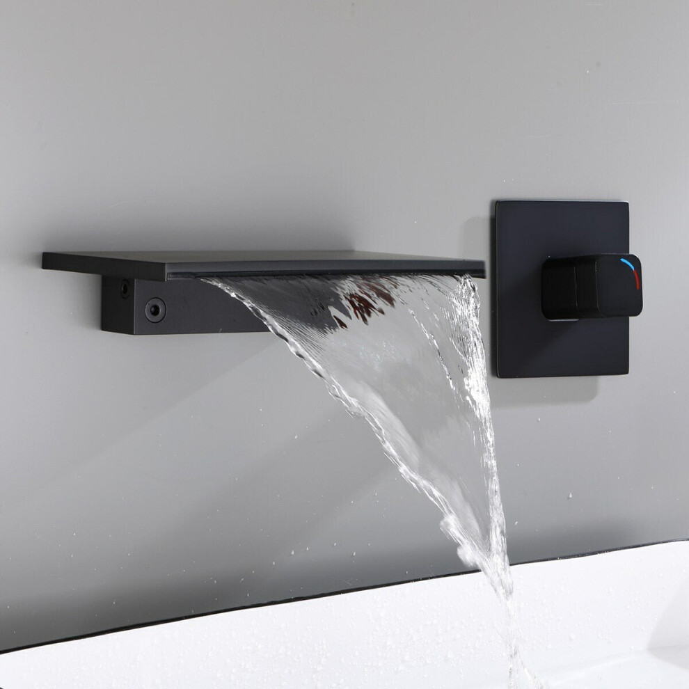 (Black) Modern Single Handle Wall Mount Faucet Waterfall Spout Bathroom Tub Basin Concealed Tap Hot Cold Water Mixer