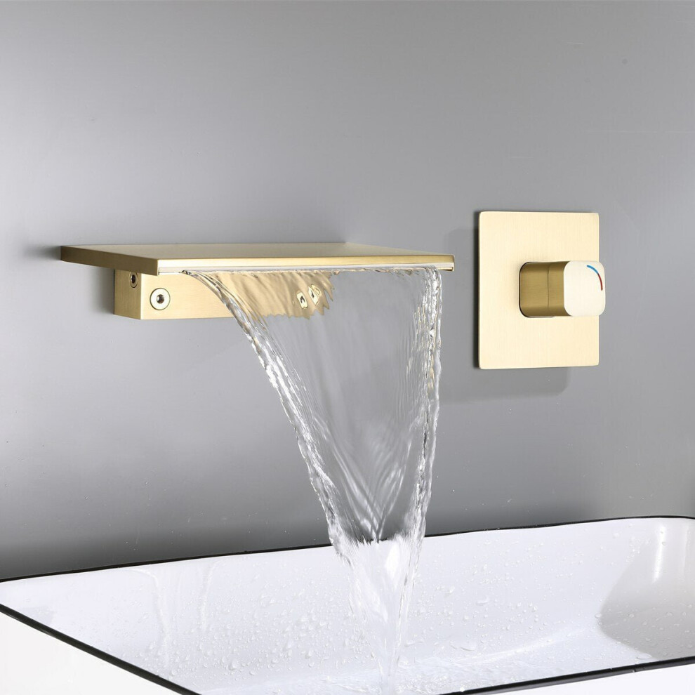 (Gold) Modern Single Handle Wall Mount Faucet Waterfall Spout Bathroom Tub Basin Concealed Tap Hot Cold Water Mixer