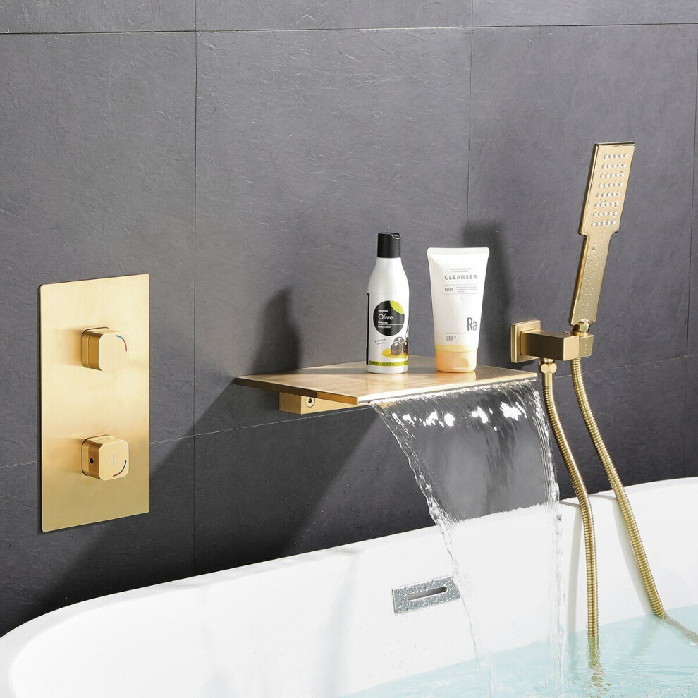 (Brushed Gold) Bathtub Waterfall Faucet Set Wall Mount Tub Spout Hot And Cold Mixer Concealed Tap With Negative Ion Pressurized Shower Head 3654659455451