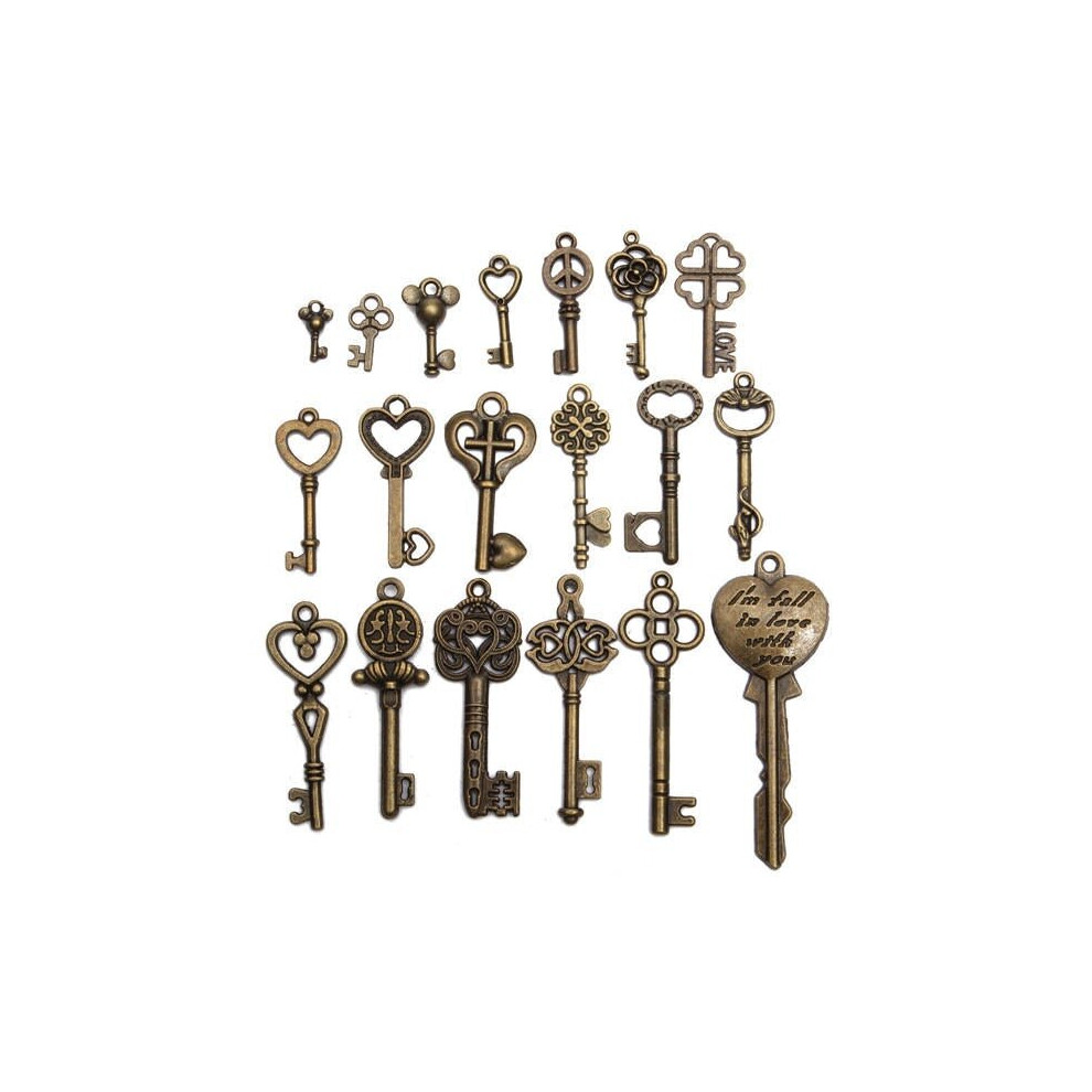 19Pcs Antique Vintage Skeleton Key Set Lot Pendant Heart Bow Lock Steampunk Jewel