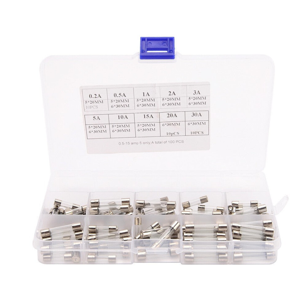 Fast-blow Car Glass Fuses Tube Assorted Kit 100Pcs