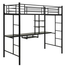 Metal Loft Bed Frame w/ Desk 2 Ladders & Full-length Guardrails