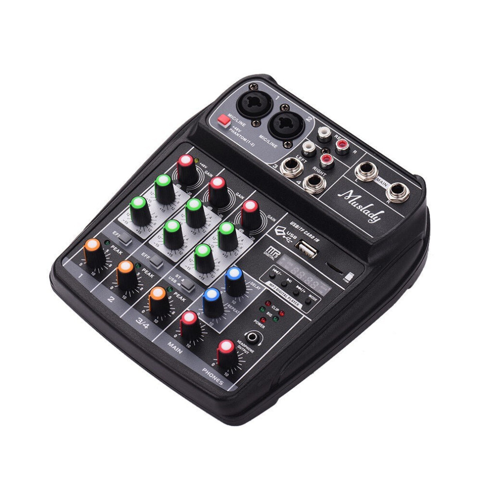 (Black, EU) Compact Sound Card Mixing Console Digital Audio Mixer 4-Channel BT MP3 USB Input +48V Phantom Power