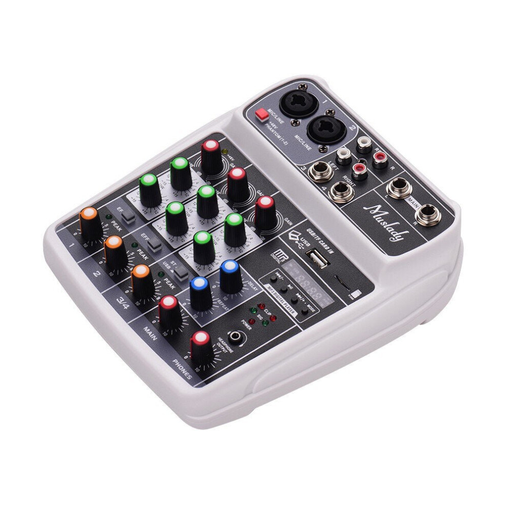 (White, EU) Compact Sound Card Mixing Console Digital Audio Mixer 4-Channel BT MP3 USB Input +48V Phantom Power