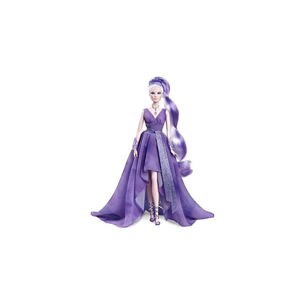 âBarbie Crystal Fantasy Collection Amethyst Doll (13-in, Platinum Hair) with Genuine Amethyst Stone Necklace, Wearing Gown and Accessories, Gift for