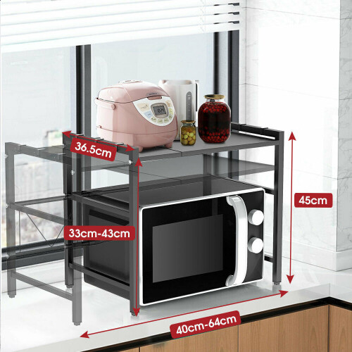 2-Tier Extendable Microwave Oven Rack - Adjustable, Space-Saving Kitchen Organizer in Black 1