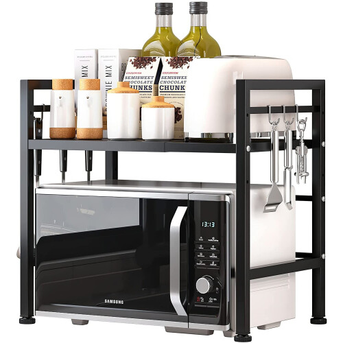 2-Tier Extendable Microwave Oven Rack - Adjustable, Space-Saving Kitchen Organizer in Black