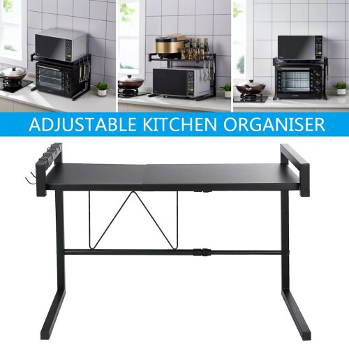 2-Tier Extendable Microwave Oven Rack - Adjustable, Space-Saving Kitchen Organizer in Black 2