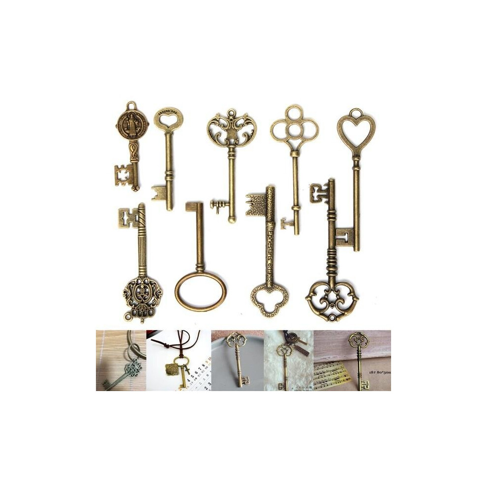 9Pcs Antique Vintage Skeleton Keys Bronze Charm Pendants For DIY Jewelry Making