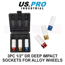 US PRO Industrial 3pc 1/2" DR Deep Impact Sockets For Alloy Wheels 17, 19 & 21mm 3857