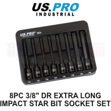 US PRO Industrial 8pc 3/8" DR Extra Long Impact Star Torx Bit Socket Set T25 - T60 3654