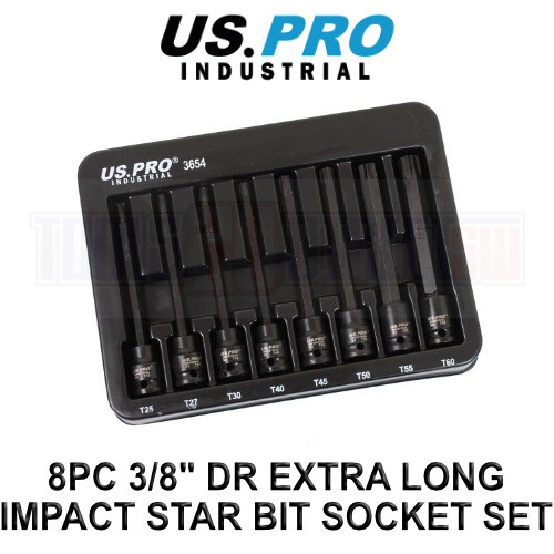 US PRO Industrial 8pc 3/8" DR Extra Long Impact Star Torx Bit Socket Set T25 - T60 3654
