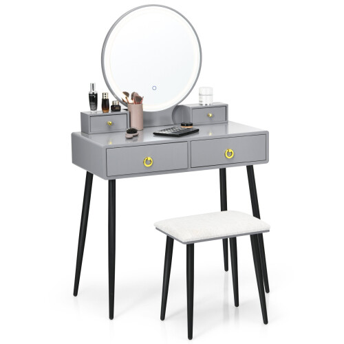 Dressing Table & Stool w/ 3-Color Adjustable & Dimmable LED Light