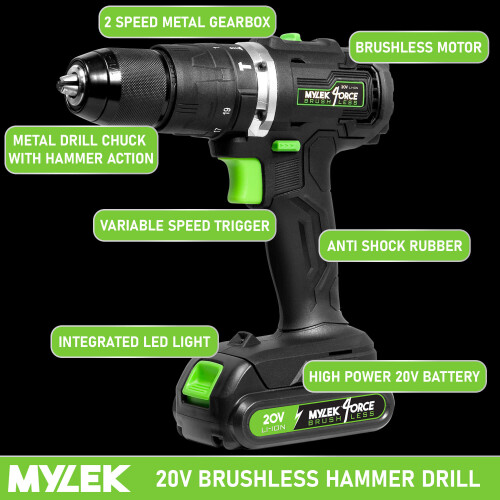MYLEK Mylek 20v Combo Brushless Hammer Action Drill and Impact Driver Set 2