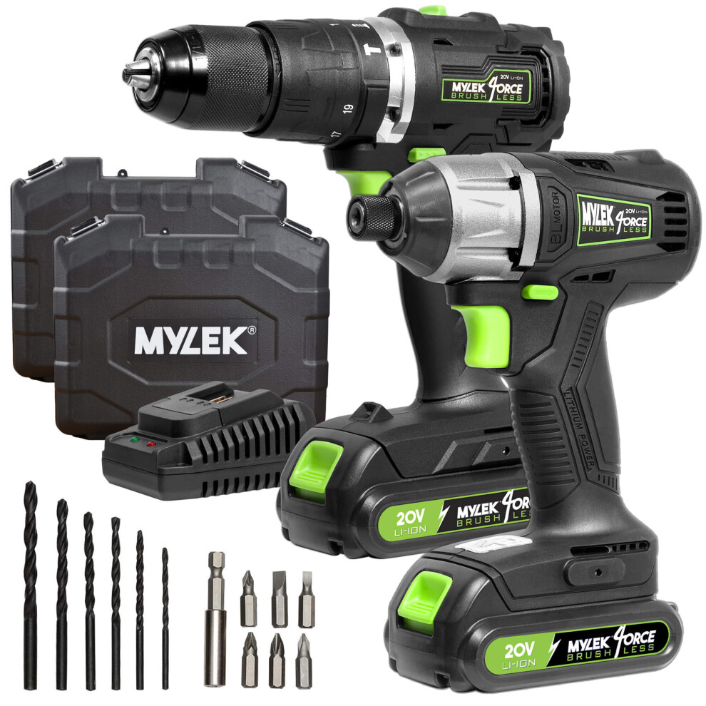 Mylek 20v Combo Brushless Hammer Action Drill and Impact Driver Set