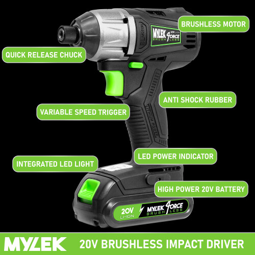 MYLEK Mylek 20v Combo Brushless Hammer Action Drill and Impact Driver Set 1
