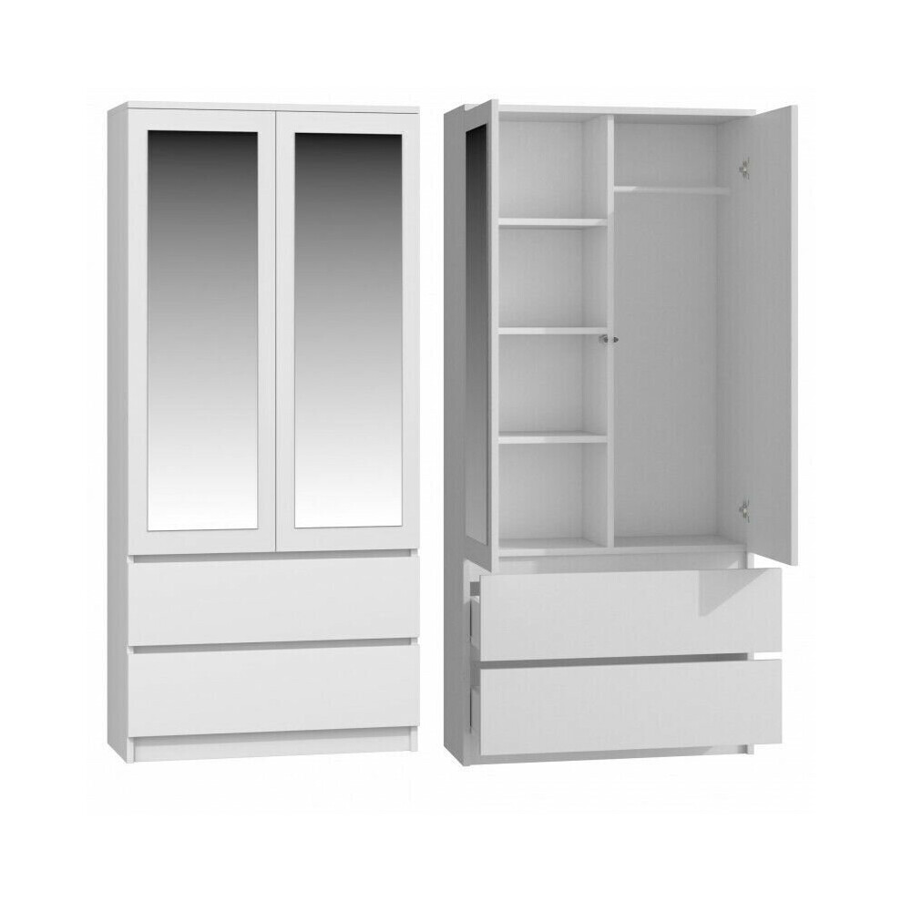 Whatsize Enterprise Modern 2 Door Storage Mirror Wardrobe, Shelves And 2 Drawers - White