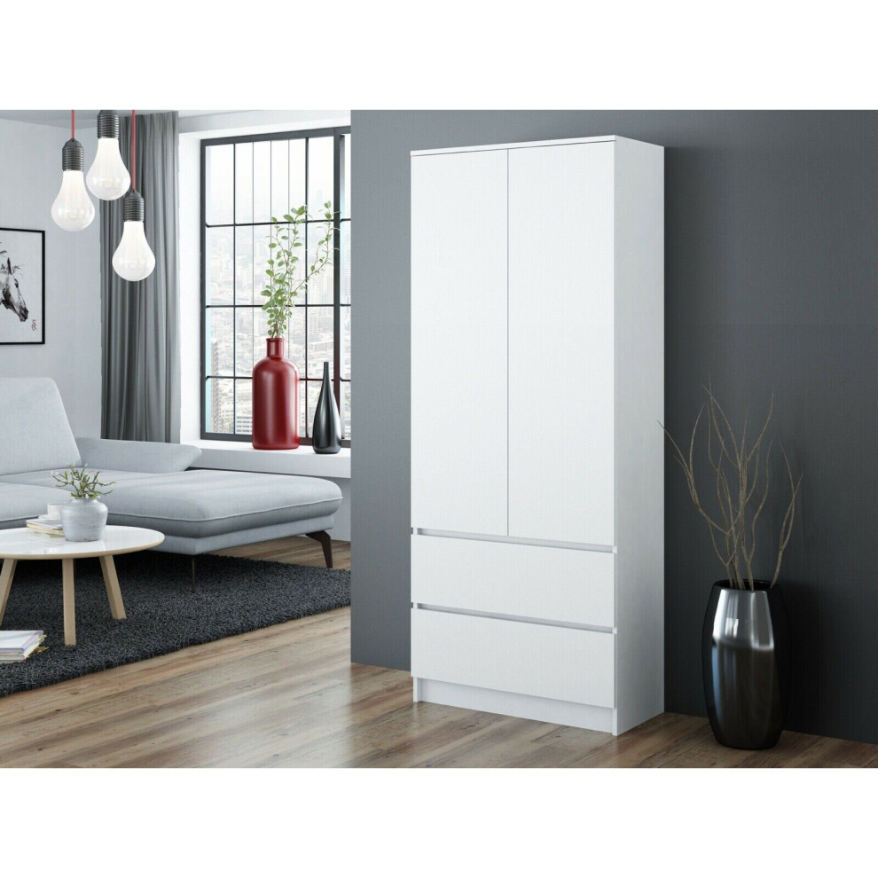 MODERN 2 Door Storage Wardrobe With Shelves And 2 Drawers - White
