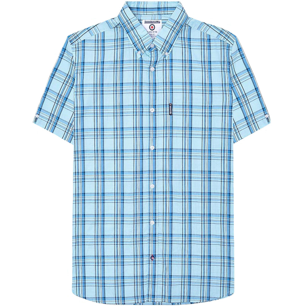 (S, Arctic/Blue) Lambretta Mens Short Sleeve Button Front Cotton Check Shirt - Arctic/Blue