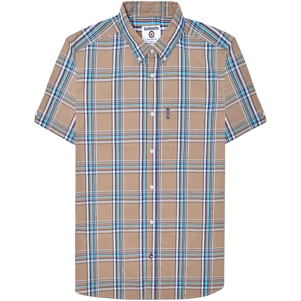 (S, Khaki/Navy) Lambretta Mens Short Sleeve Button Front Cotton Check Shirt - Khaki/Navy