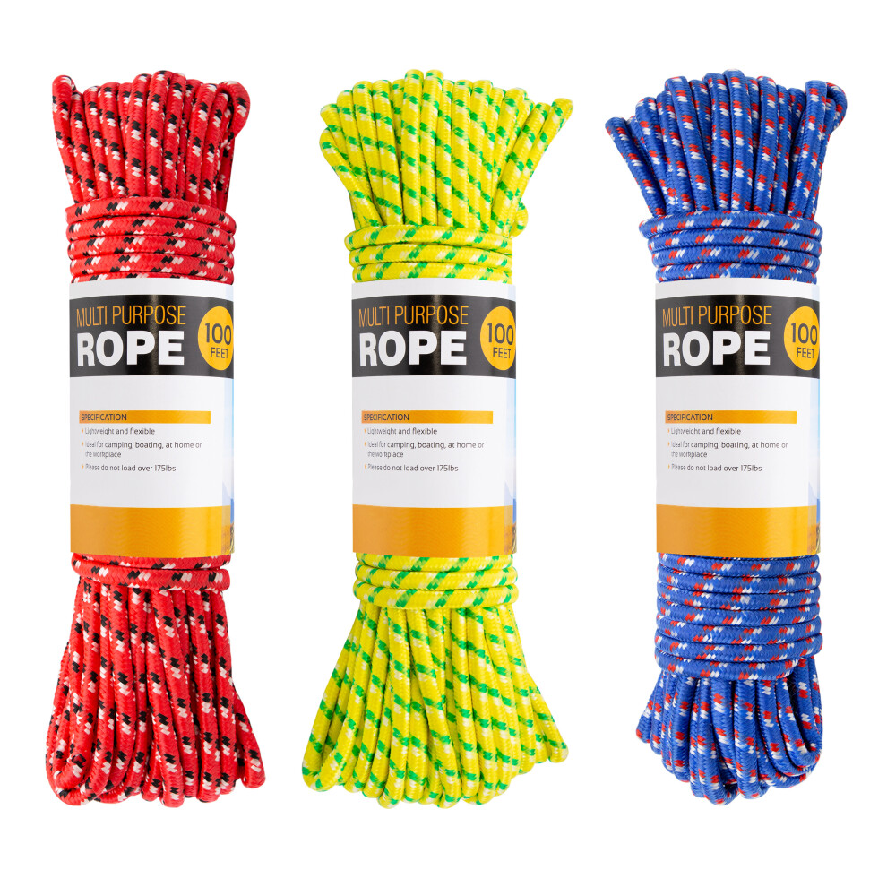 Milestone Camping 20560 100Ft Multi-Purpose Rope / 3 Assorted Colours 5025301205607