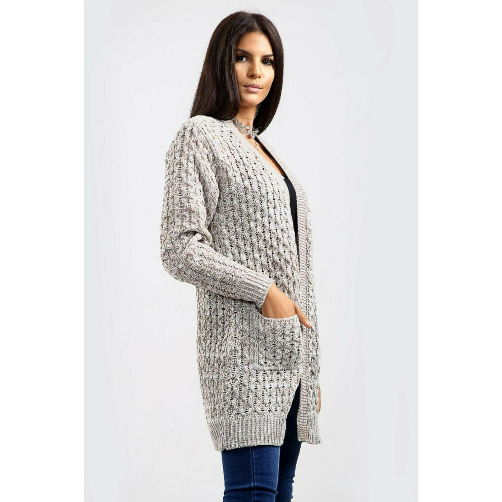 (Marl Stone, XL UK 16-18) Ladies Womens Boyfriend Chunky Waffle Open Front Pocket Cable Knit Cardigan Top