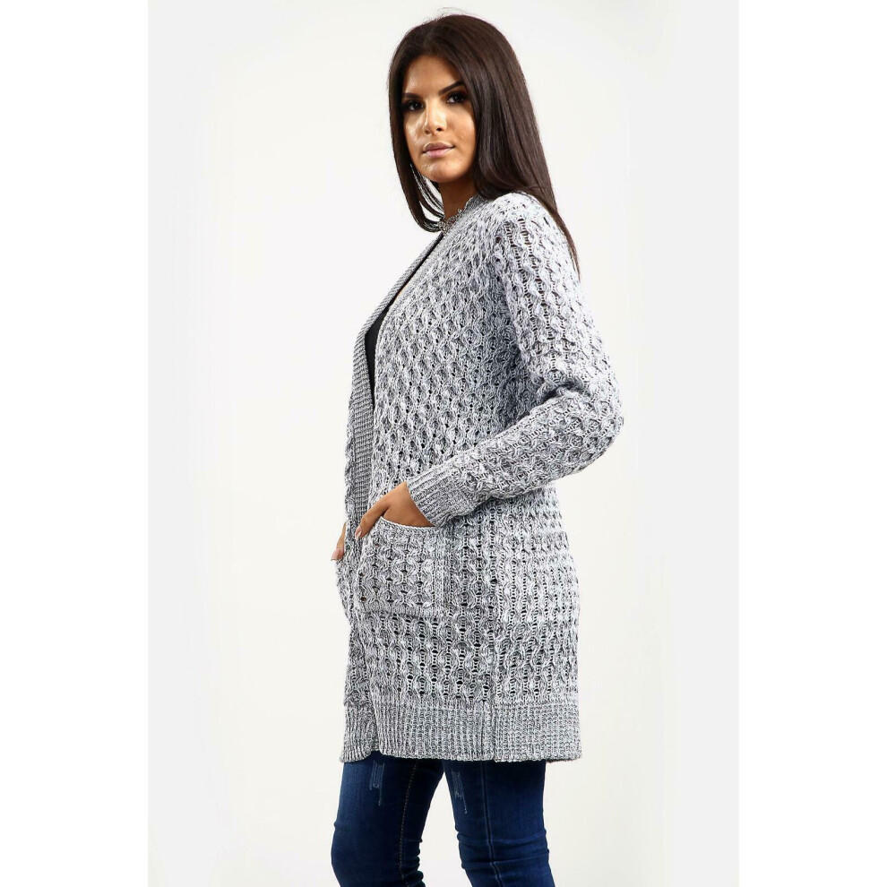 (Marl Silver, 2XL UK  20-22) Ladies Womens Boyfriend Chunky Waffle Open Front Pocket Cable Knit Cardigan Top