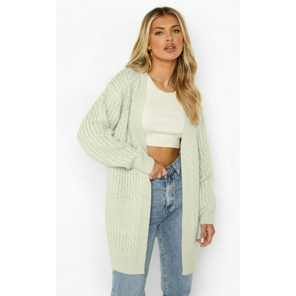 (Cream, 2XL UK  20-22) Ladies Womens Boyfriend Chunky Waffle Open Front Pocket Cable Knit Cardigan Top