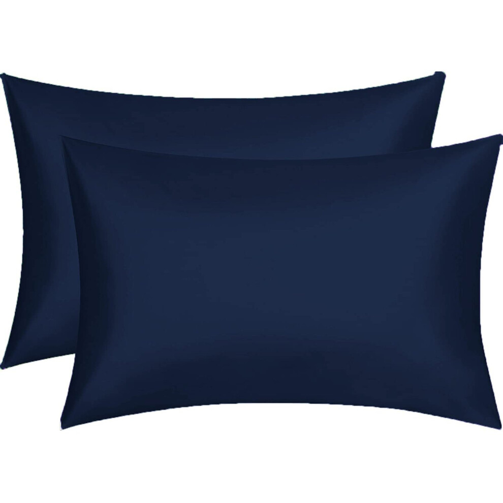 (2pc Oxford Pillowcases, Navy) Amigozone CottonSateen Silk Fell Pillow Cases Pair