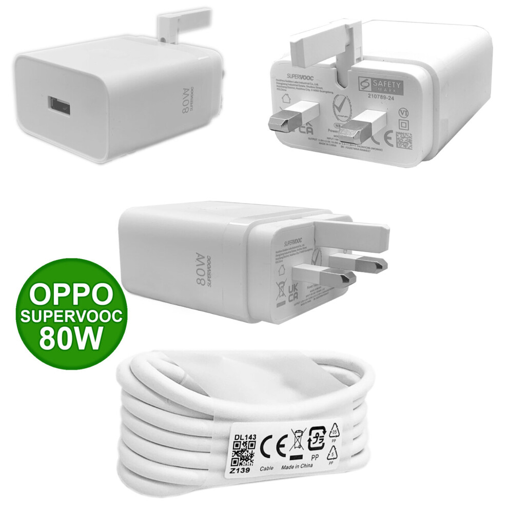 Original OPPO SUPERVOOC 80Watt Rapid Fast 3 Pin UK Charger Plug VCB8JAYH USB-C Cable