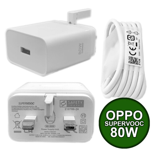 Official Oppo SuperVooc 80W Adapter UK Charger VCB8JAYH Plug Head USB C Cable