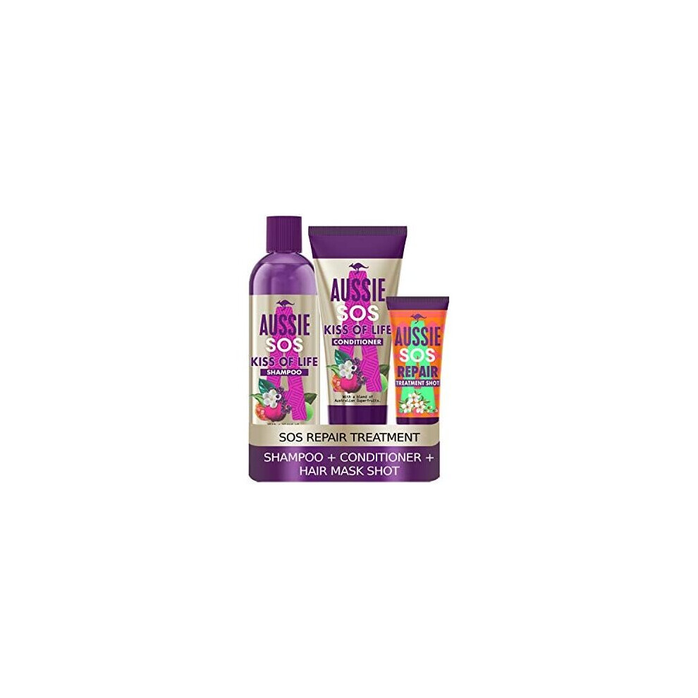 Aussie Sos Shampoo And Conditioner Set + Intense Shot Hair Mask For Dry Damaged Hair, Kiss Of Life Hair Repair Treatment, Australian Superfruits,
