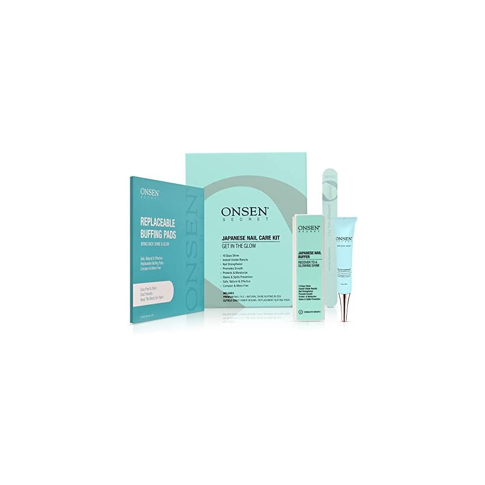 Onsen Secret Japanese Nail Buffer & Shine Kit - Professional Nail File, 3-Way Nail Buffer Block with Free Replacement Pads & Nail Strengthening