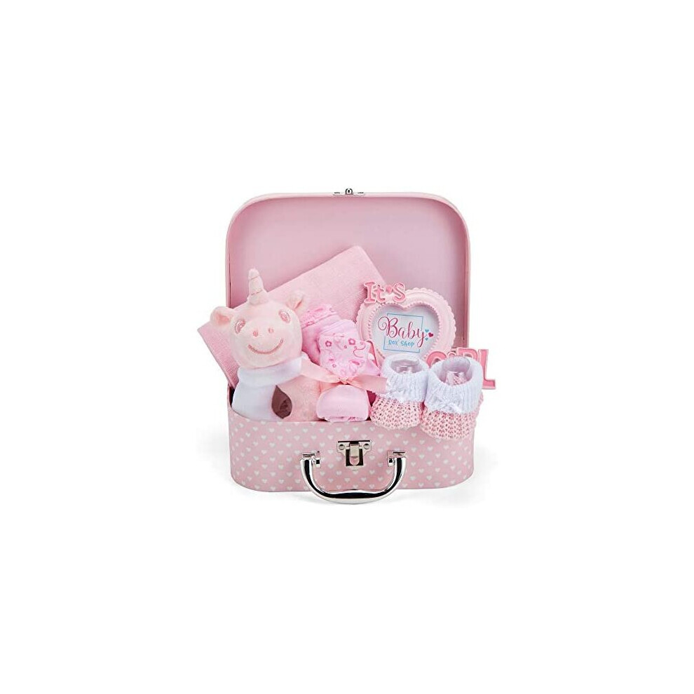 Baby Box Shop Newborn Baby Girl Gift Set - Hand Packed Into Small Hamper Keepsake Box Styled As A Case Includes Soft Toy Rattle, Photo Frame, Muslin Cloth, Pink