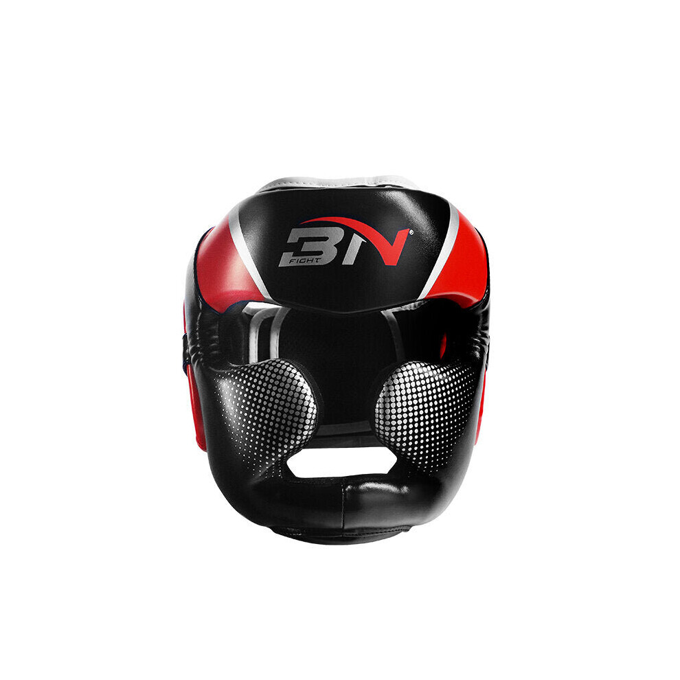 (Red, L) Full-Covered Boxing Helmet Muay Thai PU Leather Training Sparring Boxing Headgear Gym Equipment Taekwondo Head Guard