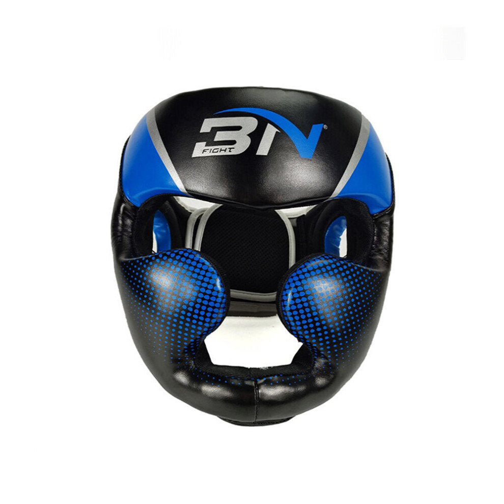 (Blue, L) Full-Covered Boxing Helmet Muay Thai PU Leather Training Sparring Boxing Headgear Gym Equipment Taekwondo Head Guard