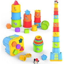 MOONTOY Tazze Impilabili per Bambini, Giocattoli per Bambini 1-3, Blocchi Impilabili Colorati 19PCS