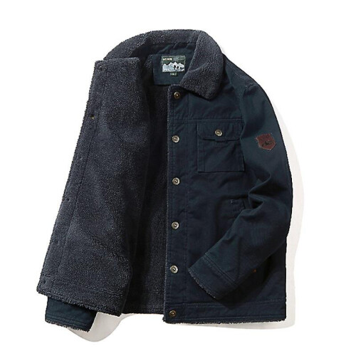 (Dark Blue, 2XL) Winter Thick Bomber Jacket Fleece Lined Warm Coat Men Solid Color Lapel Outerwear
