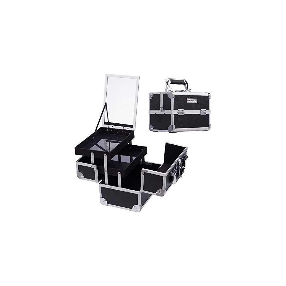 Frenessa Black Cosmetic Case Makeup Organiser Box Beauty Storage Train Case Vanity Box With Mirror Lockable With Keys,