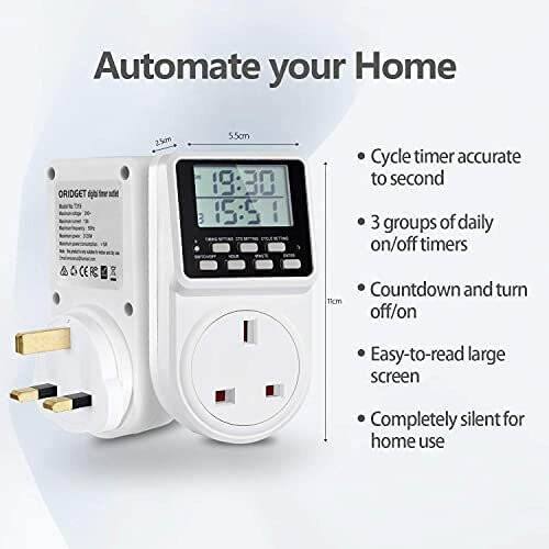 ORIDGET 24 Hour Digital Electric Timer Plug Socket with Countdown and ...