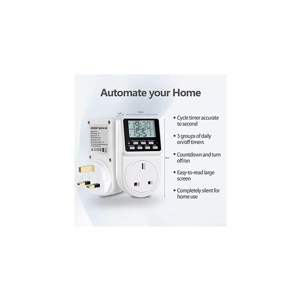 ORIDGET 24 Hour Digital Electric Timer Plug Socket with Countdown and ...
