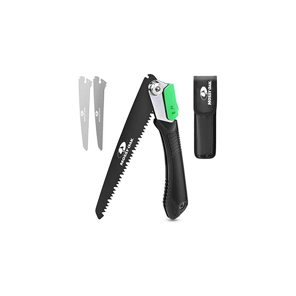 Mossy Oak Pruning Saw, Folding Hand Saw with Secure Lock, 3 Blades Made of Cr-V and 65Mn, for Wood, Bone, PVC, Tree Pruning, Camping, Hunting, Metal,