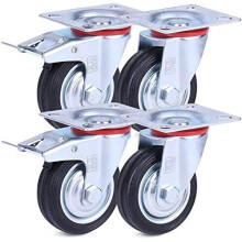 H&S 4 Castor Wheels Heavy Duty 75mm Rubber Swivel Trolley Furniture Caster with Brakes Black